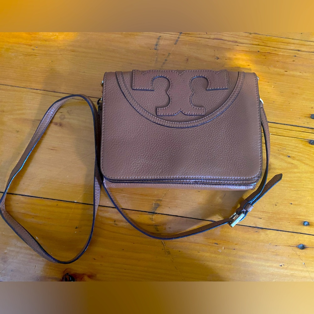 Tory Burch All T Brown Pebble Leather Crossbody Logo Bag